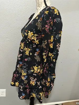 Abercrombie & Fitch black floral mini dress with yellow, blue, and pink flowers thumbnail 2
