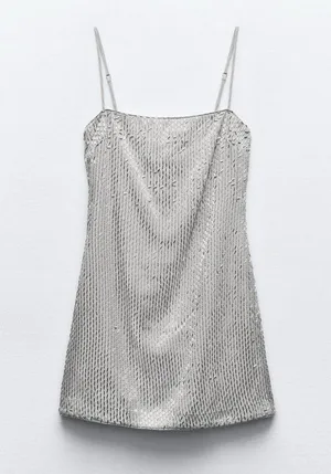 NWT Zara Silver Beaded Mini dress with adjustable Straps and Zipper closure thumbnail 3