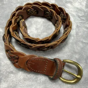 VTG Women's Braided Belt Small Brown Genuine Leather Chain Style Brass Buckle‎ thumbnail 1