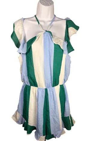 Peach Love California Striped Romper L‎ NWT Ruffle Shoulder Coastal Summer thumbnail 1