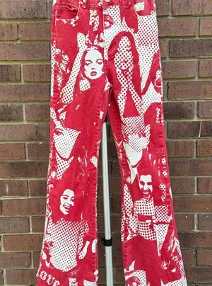 Edikted Andy Print Red White Face Novelty Print Flare Bell Bottom Jeans Size XS thumbnail 1