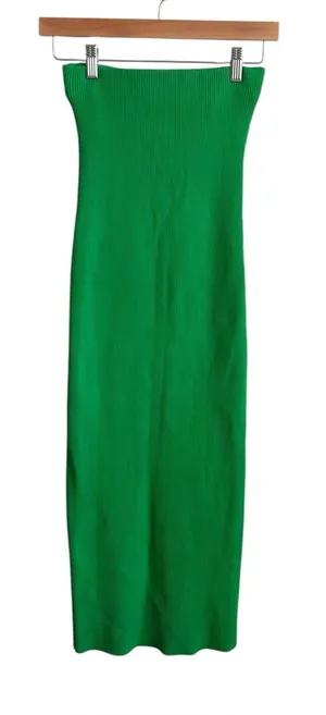 Meshki Green Rib Knit Strapless Tube Maxi Dress Skirt Stretch S thumbnail 1