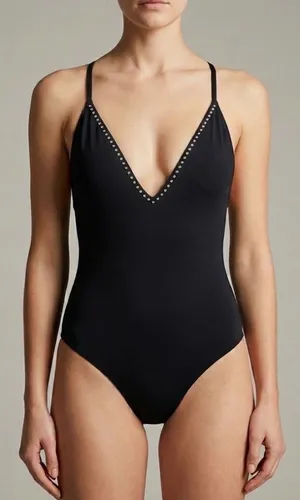 Aqua Swim Black Rhinestone Studded V-Neck One Piece Swimsuit XS NEW thumbnail 1