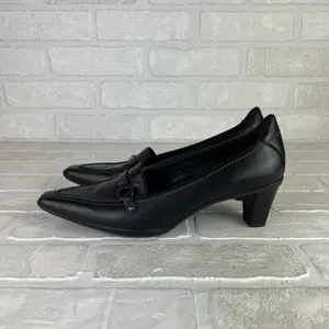 ECCO Loafer Pumps Women 7.5 38 Black Leather Pointed Toe Block Heel Strap Office thumbnail 5