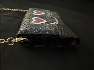 Betsey Johnson Black Glitter Heart-Eyes Crossbody Bag Striped Inside thumbnail 6