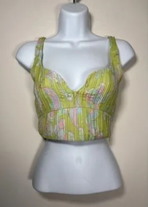 ZARA Crop Top Small‎ Green Abstract Paisley Bustier Ribbed Summer Boho Retro Y2K thumbnail 1