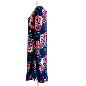 Dearcase Dress Blue Pink Floral Jersey Long Sleeve V-Neck Swing Dress Large NEW thumbnail 5