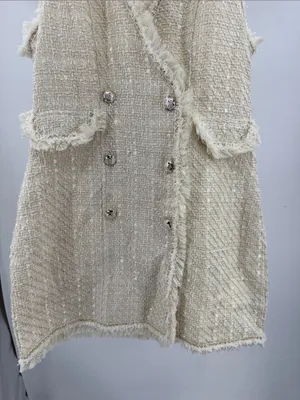 Trixxi cream bouclé tweed double breasted metallic mini blazer vest dress fringe thumbnail 7