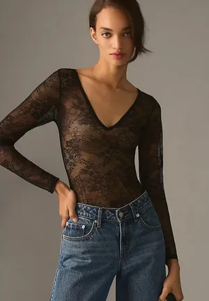 Anthropologie Deep V-Neck Lace Black Sheer Long Sleeve Bodysuit Size Small Layer thumbnail 1