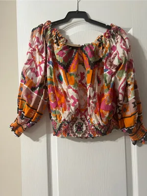 Boho Off-Shoulder Smocked in Pink & Orange thumbnail 7