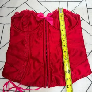 Victoria's Secret Corset Top 36C Red‎ Excellent Lace Up Satin Polka Dot Bow thumbnail 9