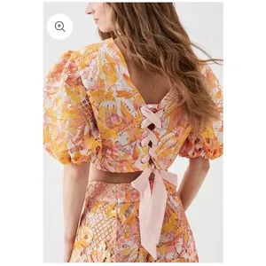 Pink Orange Tropical Floral Lace Two Piece Set Crop Top Wide Leg Pants XS thumbnail 3