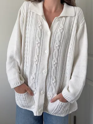 Jenny Buchanan White Cable Knit Vintage Cardigan Sweater thumbnail 1