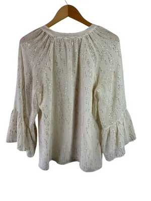 Lilly Pulitzer Coconut White Silk Gold Metallic Matilda Top Flounce M thumbnail 5