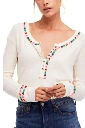 Free People We the‎ Free Ivory White Rainbow Thermal Henley Long Sleeve Tee XS thumbnail 1