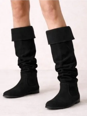 Gianni Bini Black Suede Slouch Knee High low heel Boots Foldover Cuff Size 8M thumbnail 1