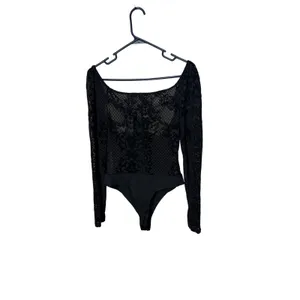 Windsor Black Flocked Velvet Mesh Corset Bodysuit Long Sleeve Square Neck Medium thumbnail 5