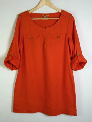 Tory Burch 100% Linen Shift Dress Orange Roll Tab Sleeve Mini Tunic Women’s 10 thumbnail 2
