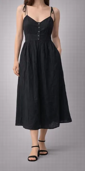 Oak + Fort Black Midi Dress Button Front Tie Straps Viscose Blend Size S‎ thumbnail 1