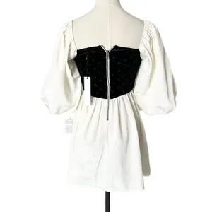NEW For Love & Lemons Black White Velvet Polka Dot Puff Sleeve Mini Dress XS thumbnail 4