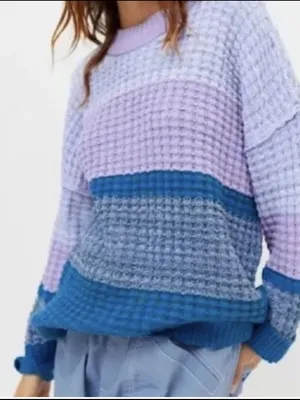 BDG Lavender and Blue Colorblock Waffle Crewneck Sweater thumbnail 2