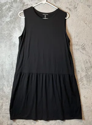 Eileen Fisher Black Tencel Jersey Drop Waist Mini Dress Size Medium‎ Minimalist thumbnail 1