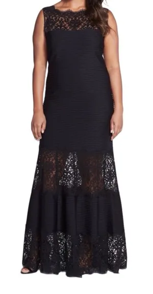 Tadashi Shoji Illusion Lace Pintuck Gown Black Large thumbnail 1