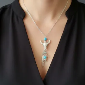 Women's Antique Look Silver Tone Pendant Necklace‎ with Charms, Cow Skull NEW thumbnail 1