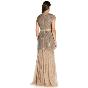 NWT Adrianna Papell Long Beaded‎ V-Neck Gown w/ Cap Sleeves & Waistband – Size 6 thumbnail 3