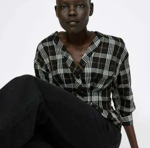 Zara Plaid Peplim V-Neck Blouse Top 3/4 Sleeves thumbnail 5