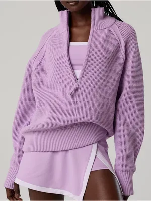 Aerie Offline Cool Down quarter zip slouchy waffle sweater Lively Lilac L thumbnail 1