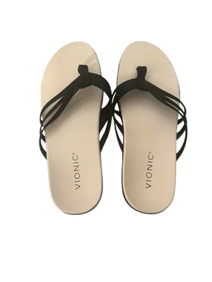 Vionic Alta Toe Post Sandals Black Leather Cream Thong Comfort Shoes 8.5M thumbnail 4