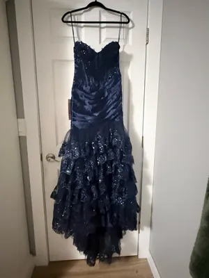 Navy Blue Strapless Sweetheart Mermaid Pleated Layered Long Prom Dress With Slit thumbnail 3