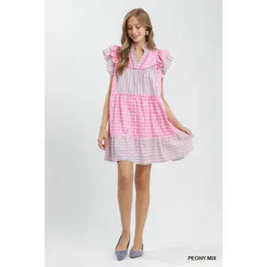 Umgee Mix Patchwork Flutter Sleeve Tiered Dress - Peony Mix - Large thumbnail 4