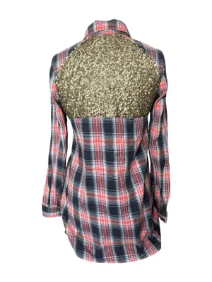 Free People Plaid Button-Down Tunic Shirt Gold Sequin Shoulder Accents S/P thumbnail 3
