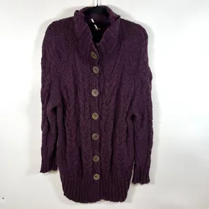 Free People Plum Purple Cable Knit Button Front Cardigan Sweater Small Boho‎ thumbnail 2