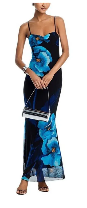 NWT Aqua Lined Spaghetti Strap Floral Mesh Maxi Dress DC9891BL Blue Floral M thumbnail 1