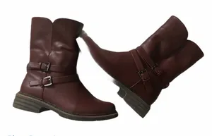 Steve Madden Maximus Burgundy Double Buckle Leather Boot Charcoal Sherpa Lined thumbnail 1