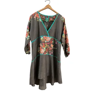 Johnny Was‎ Silk Floral High Low Tunic Top Grey Teal V-Neck 3/4 Sleeve Size M thumbnail 6