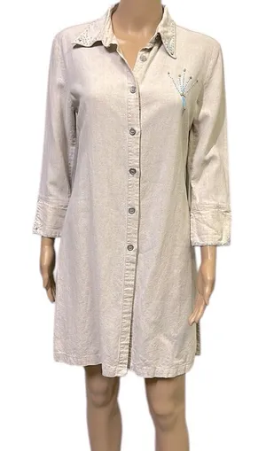 Bahar Linen 3 Quarter Sleeve Button Up Tapered Beaded Shirt Dress Womens 2 thumbnail 1
