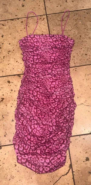 ⭐Oh Polly Pink Leopard Ruched Bodycon Dress thumbnail 1