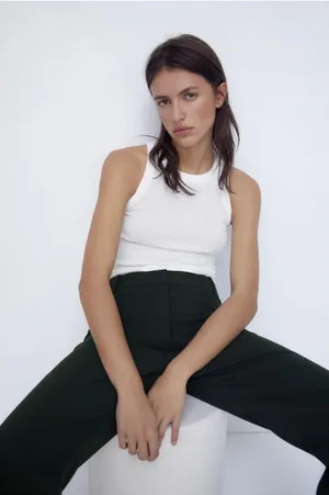 ZARA‎ Collection Women’s Ribbed White Fitted Layering Tank Top Size L thumbnail 1