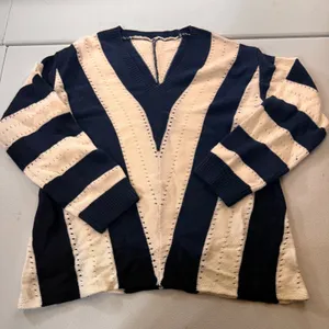 V Neck Striped Knit Sweater Cream Navy Blue‎ M Eyelet coastal fisherman nautical thumbnail 1