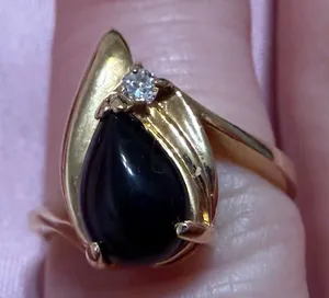 Vintage Gold Tone Pear Cut Black Onyx Bypass Ring with Clear Accent Stone thumbnail 1