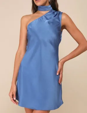 Lulus Elevated Mystique Blue Satin One-Shoulder Mini Dress Women’s Sz S thumbnail 1