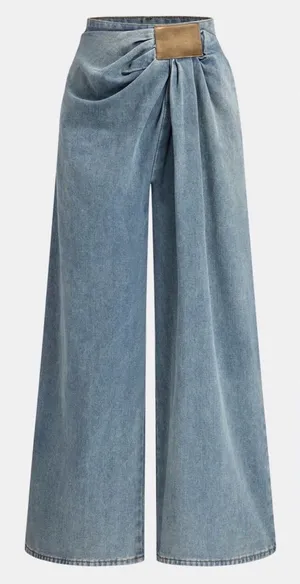 Commense Asymmetrical Ruched Denim Wide-Leg‎ Pants Jeans Sz S Tan Patch Indie thumbnail 1