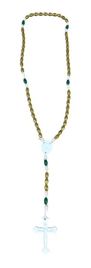 Unisex Catholic Rosary Necklace Gold Green White Plastic Beads Crucifix Pendant thumbnail 1