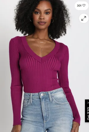 Lulus Chic Observations Purple Ribbed V-Neck Sweater Top thumbnail 1