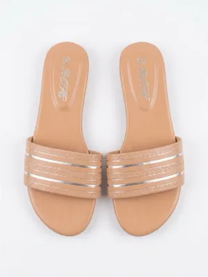 Beige Slide Sandals with Metallic Stripe - Women thumbnail 2