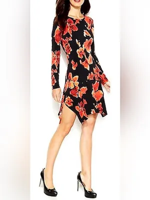 NWT MICHAEL Michael Kors Black & Red Floral Long Sleeve Drop Hem Dress Size S thumbnail 6